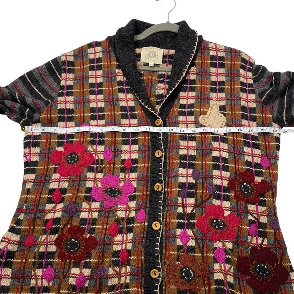 Nan Hadden Woolies Handknits embroidery Floral Plaid Cardigan Sweater W/chick L - Picture 7 of 9